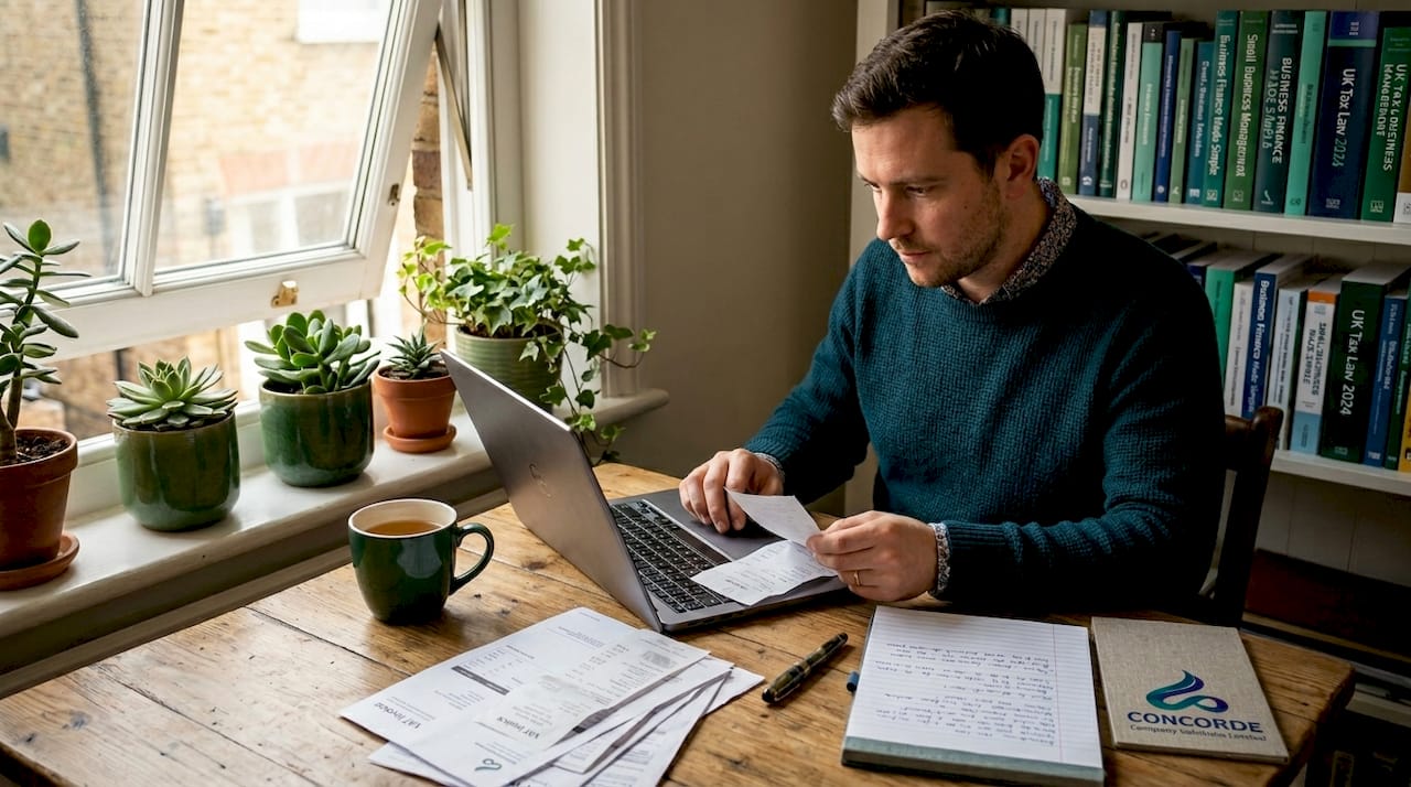 UK SME owner reviewing financial records at table