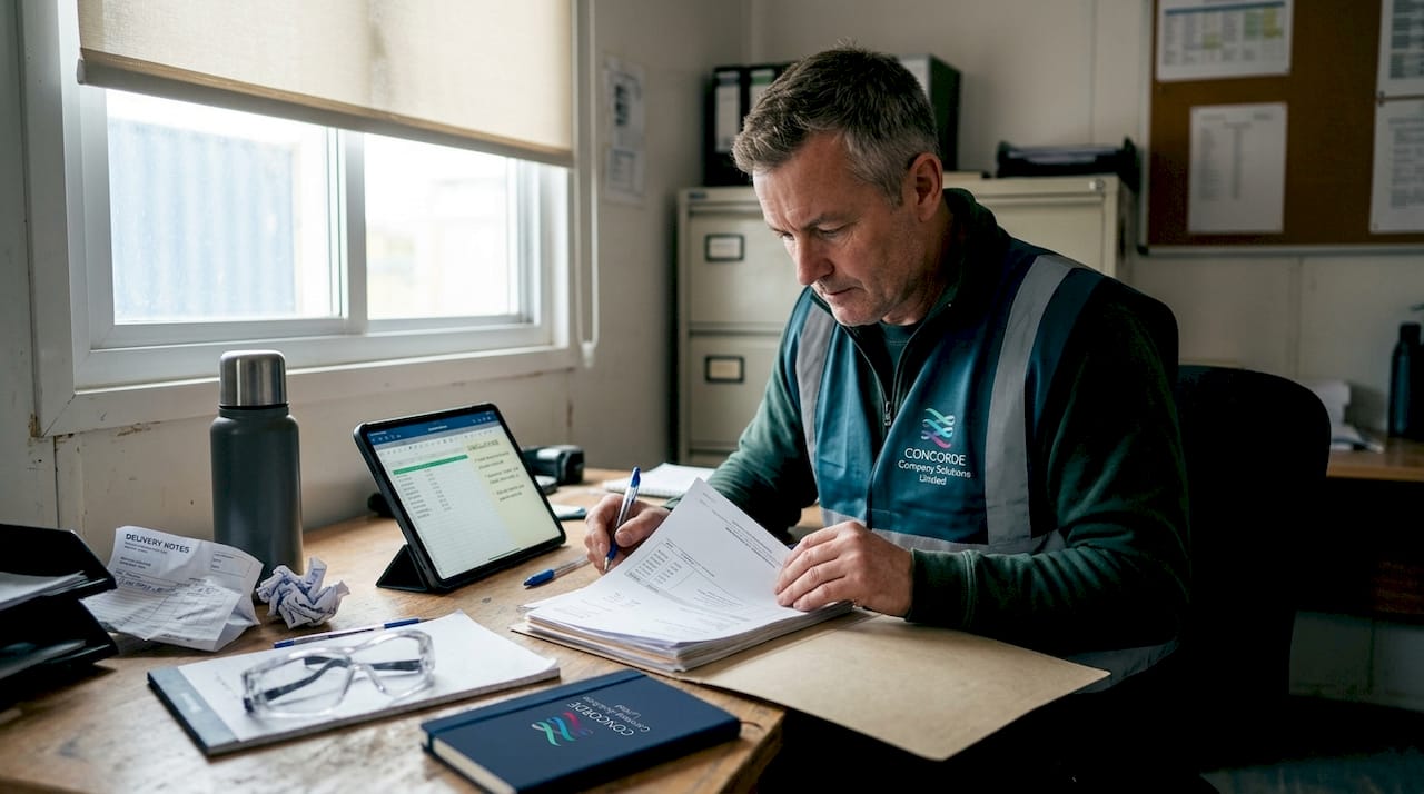 Construction manager checks invoices and notes