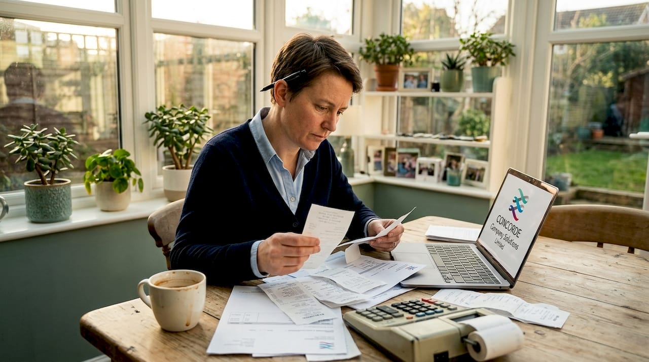 Small business owner sorts paperwork UK home