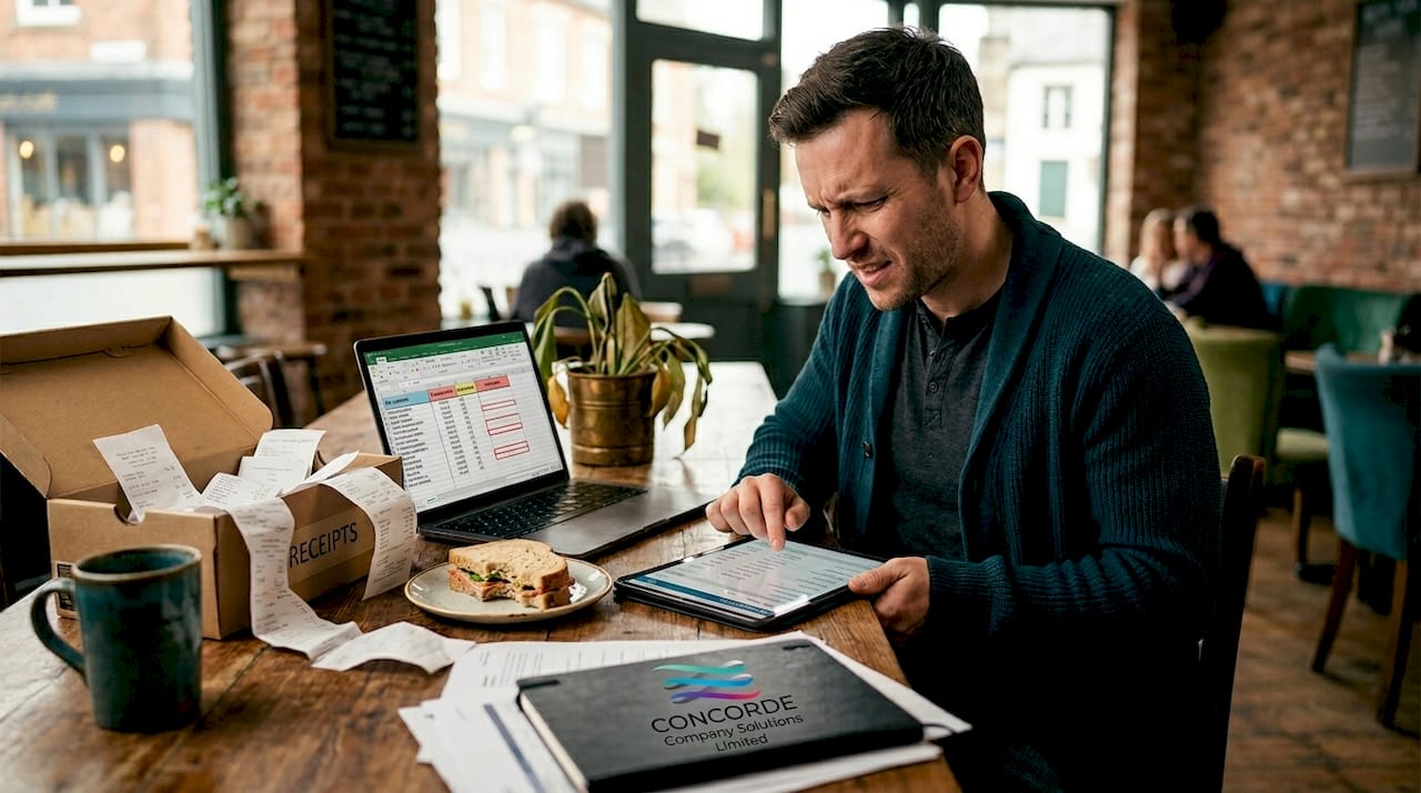 Frustrated business owner at messy desk with receipts