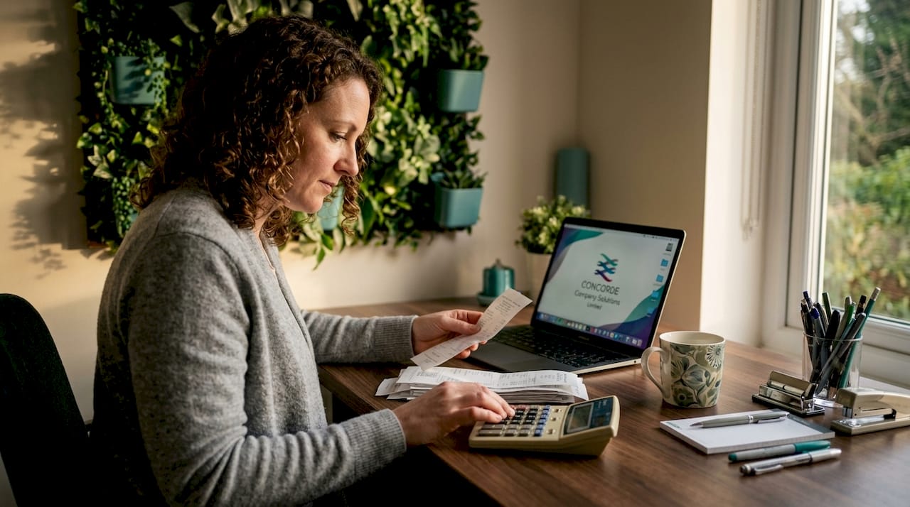 Woman sorting receipts in home office workspace