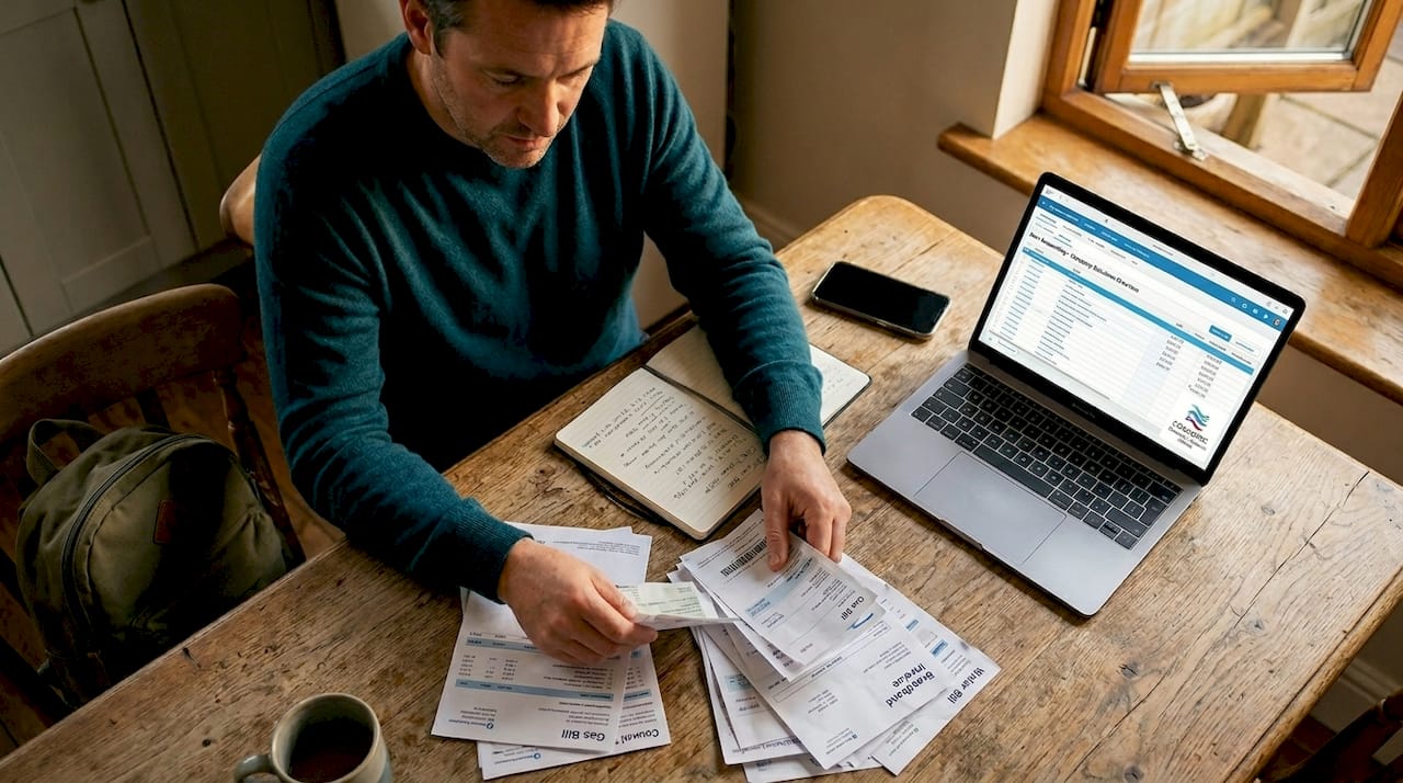 Man sorting bills at kitchen table, mixing work and home