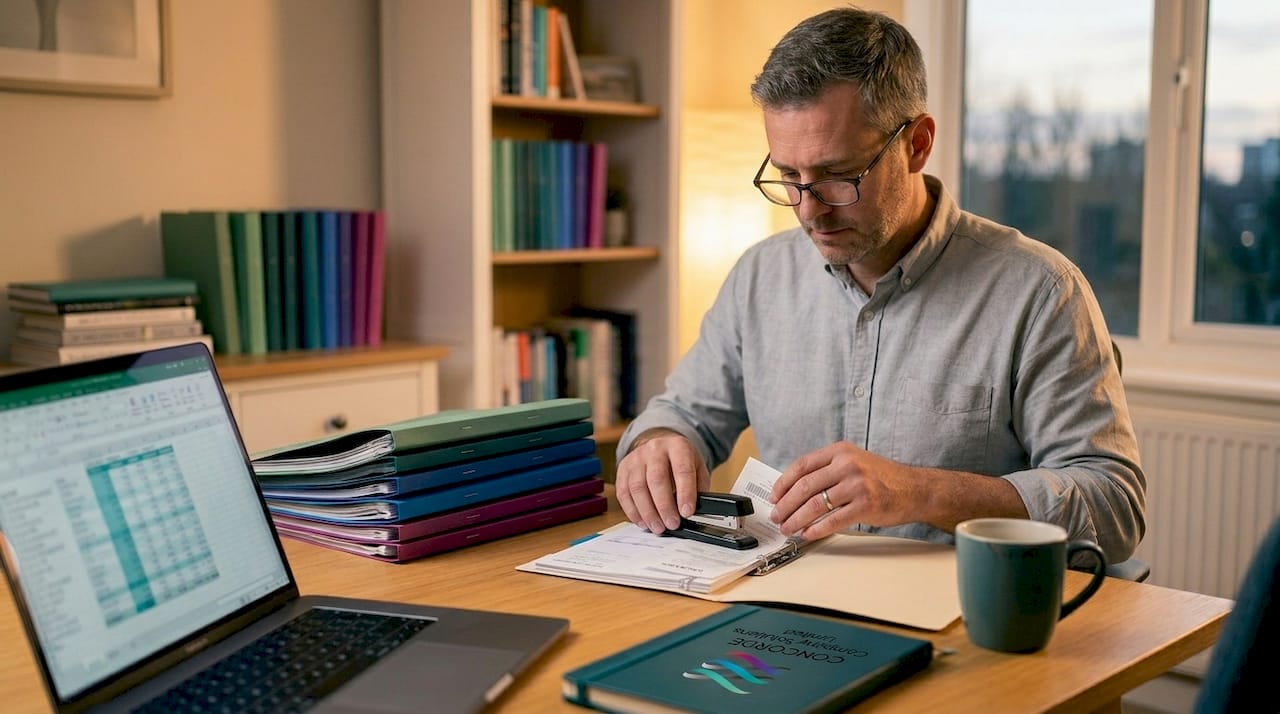 Bookkeeper organizing receipts at home table
