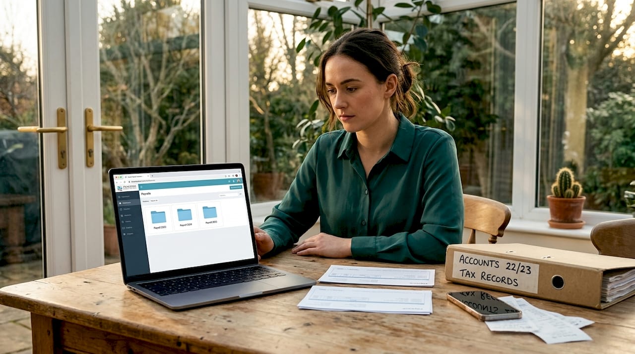 Business owner organizing payroll records at kitchen table