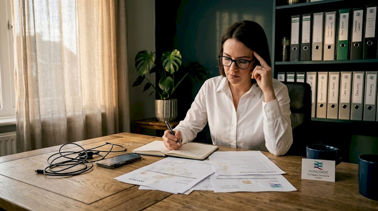 Business owner cross-checks invoices at desk