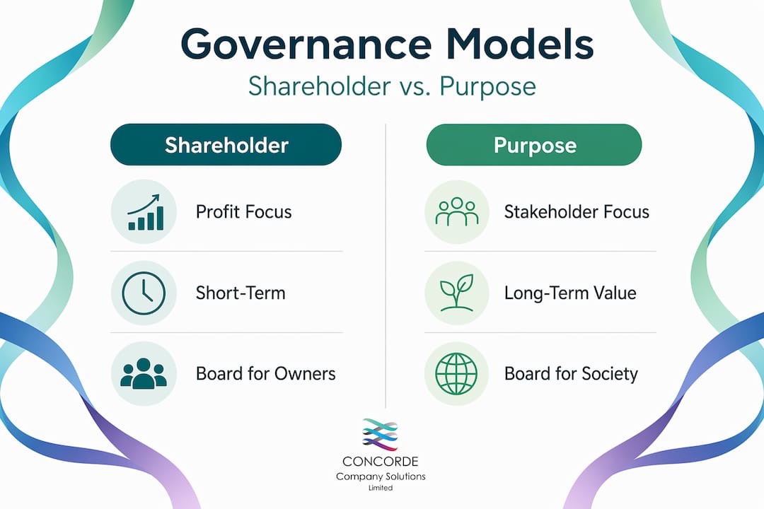 Infographic comparing shareholder and purpose-driven governance