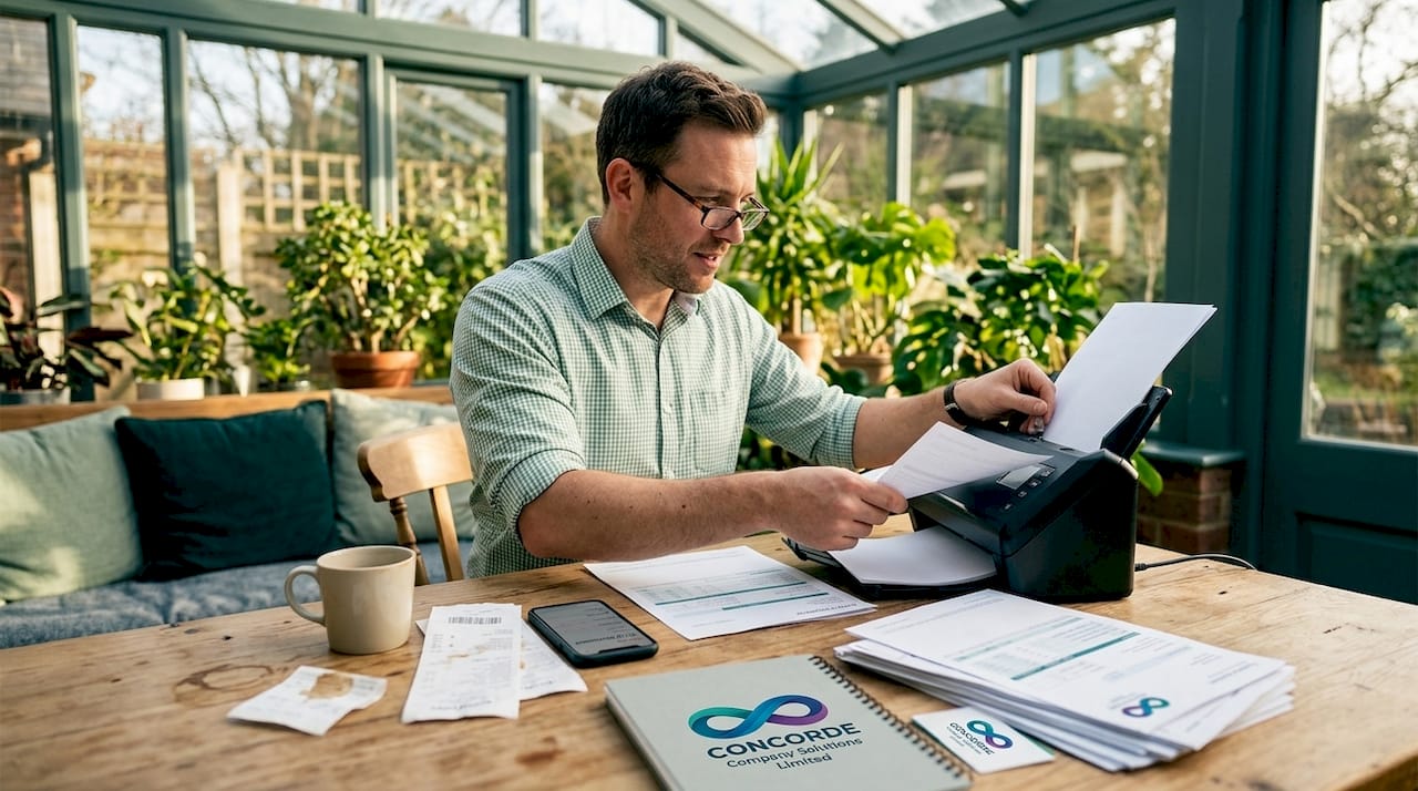 Business owner scanning paperwork at kitchen table
