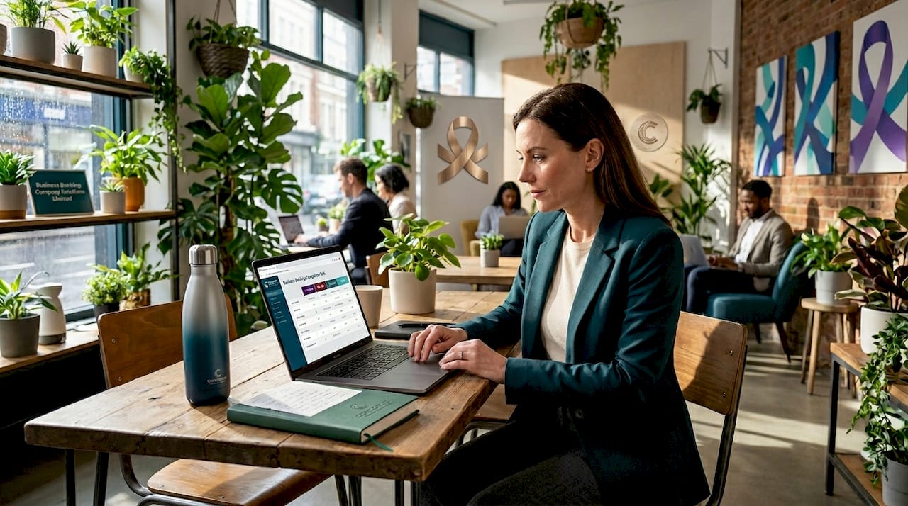 Professional woman researching banks online workspace