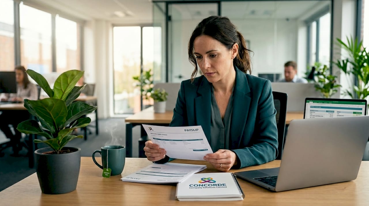 UK office worker checking payslip at desk