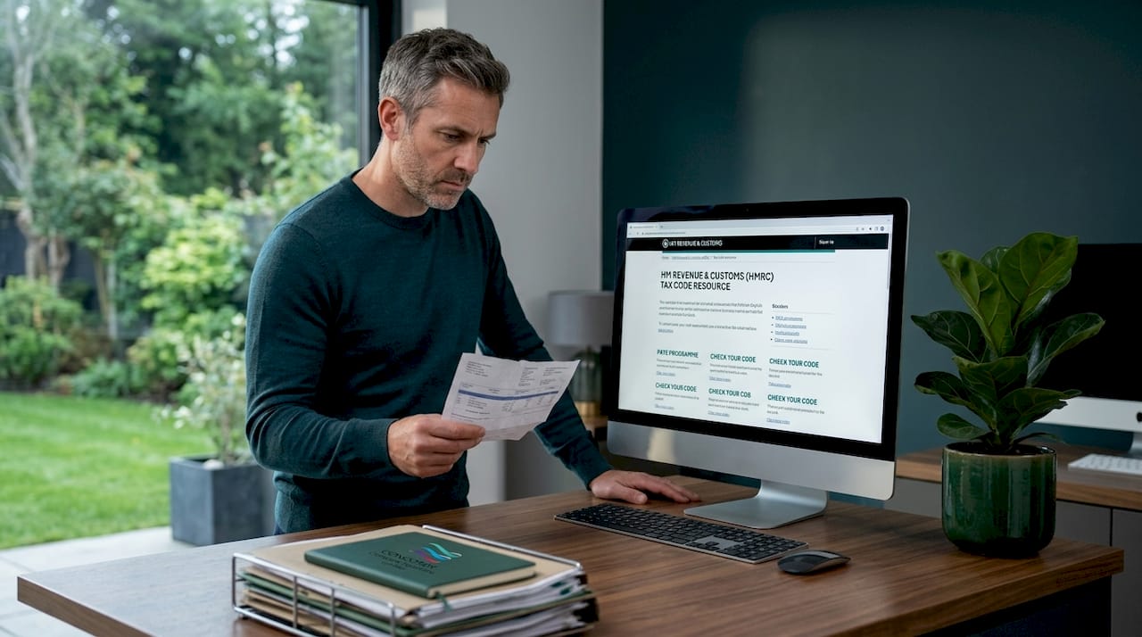 Man reading tax code on phone with payslip