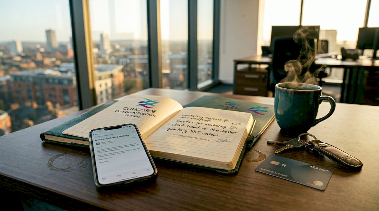 Desk showing common UK business expenses