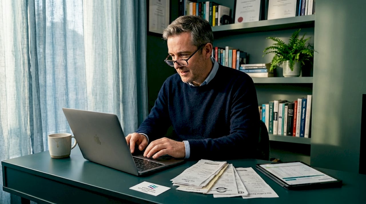 Entrepreneur reviewing business expenses on laptop