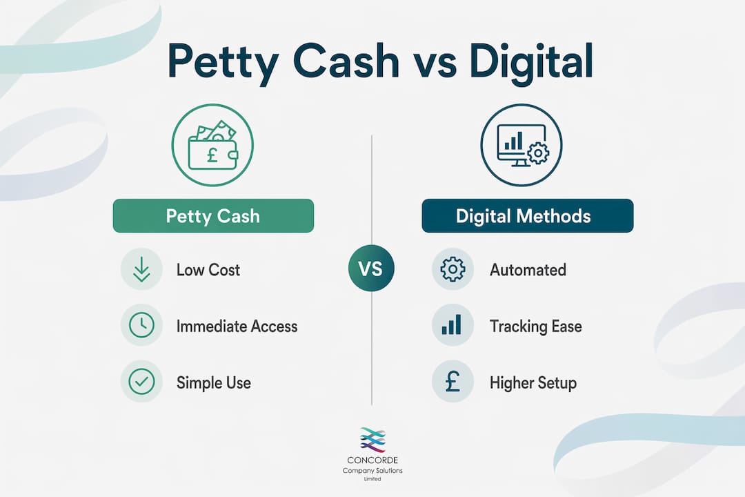 Infographic comparing petty cash and digital expense methods