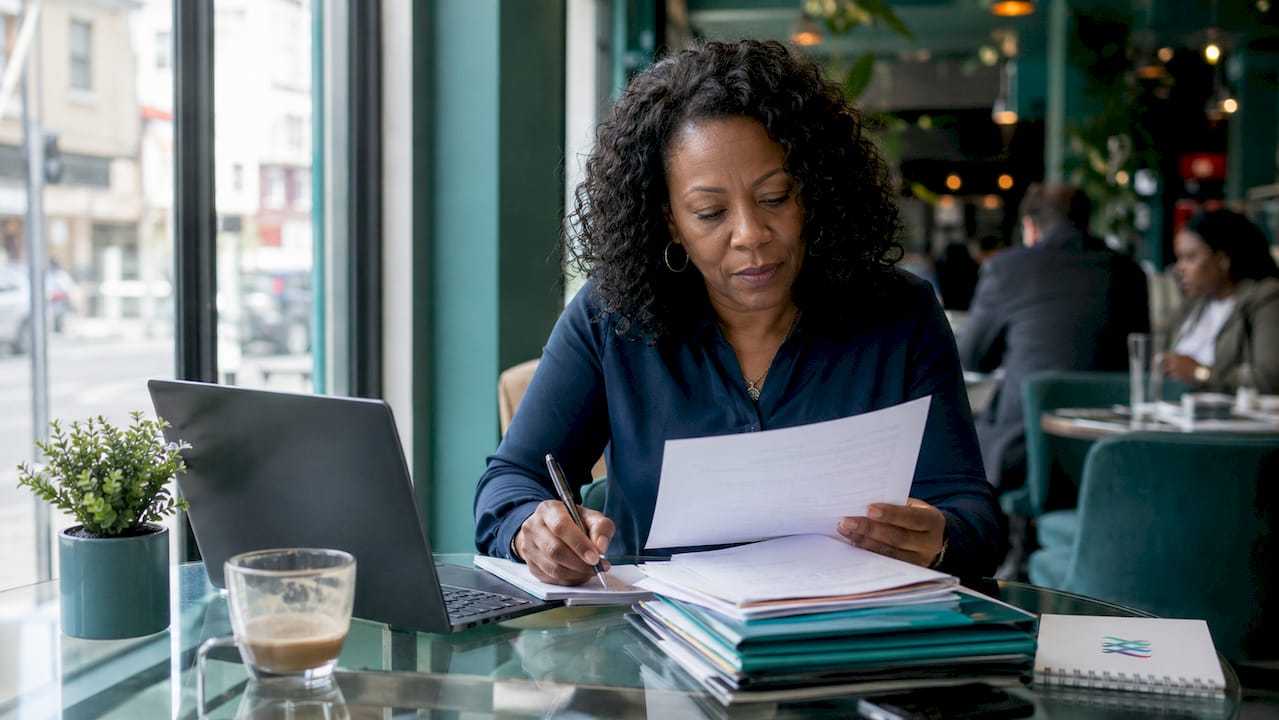 Woman reviewing tax documents at desk