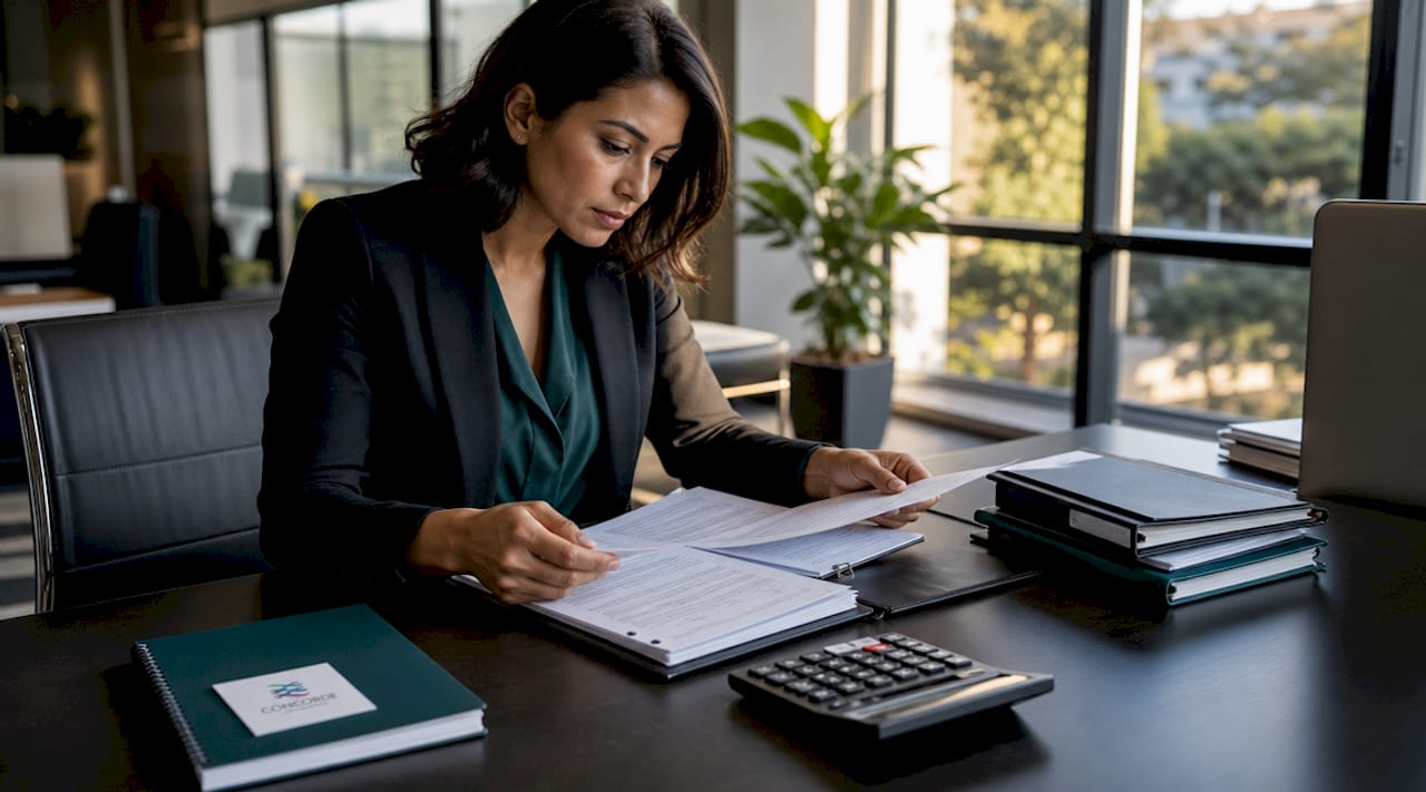 Accountant reviewing compliance documents at desk