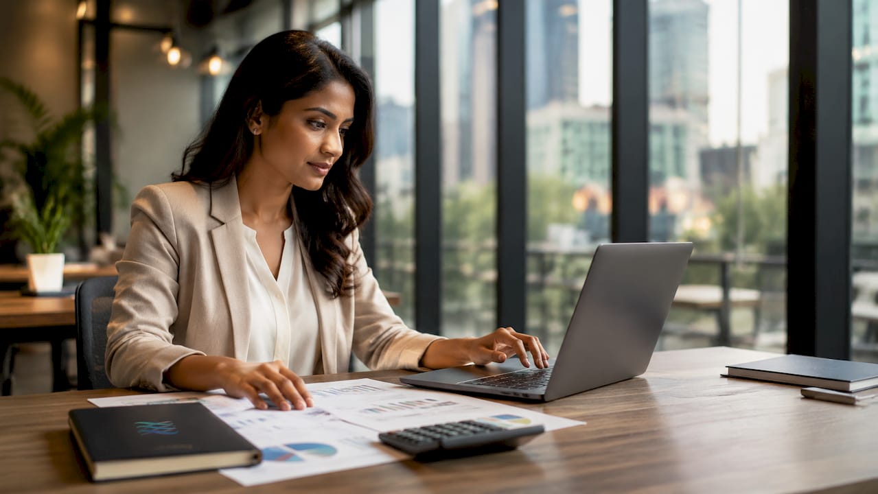 Accountant working on laptop with documents