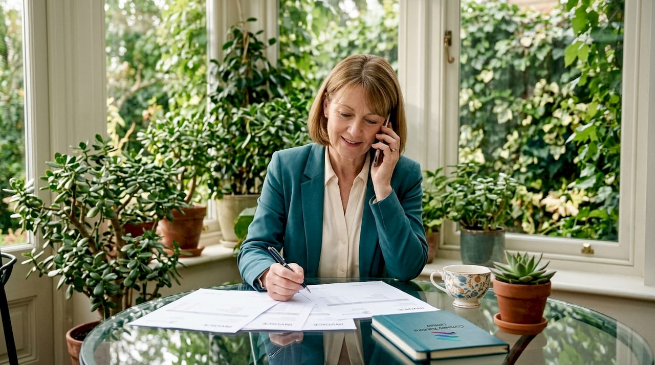 Businesswoman reviewing invoices on phone