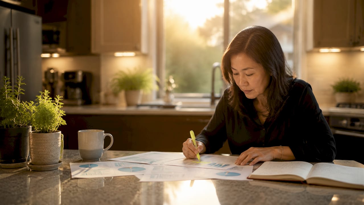 Business analyst reviewing turnover reports at desk
