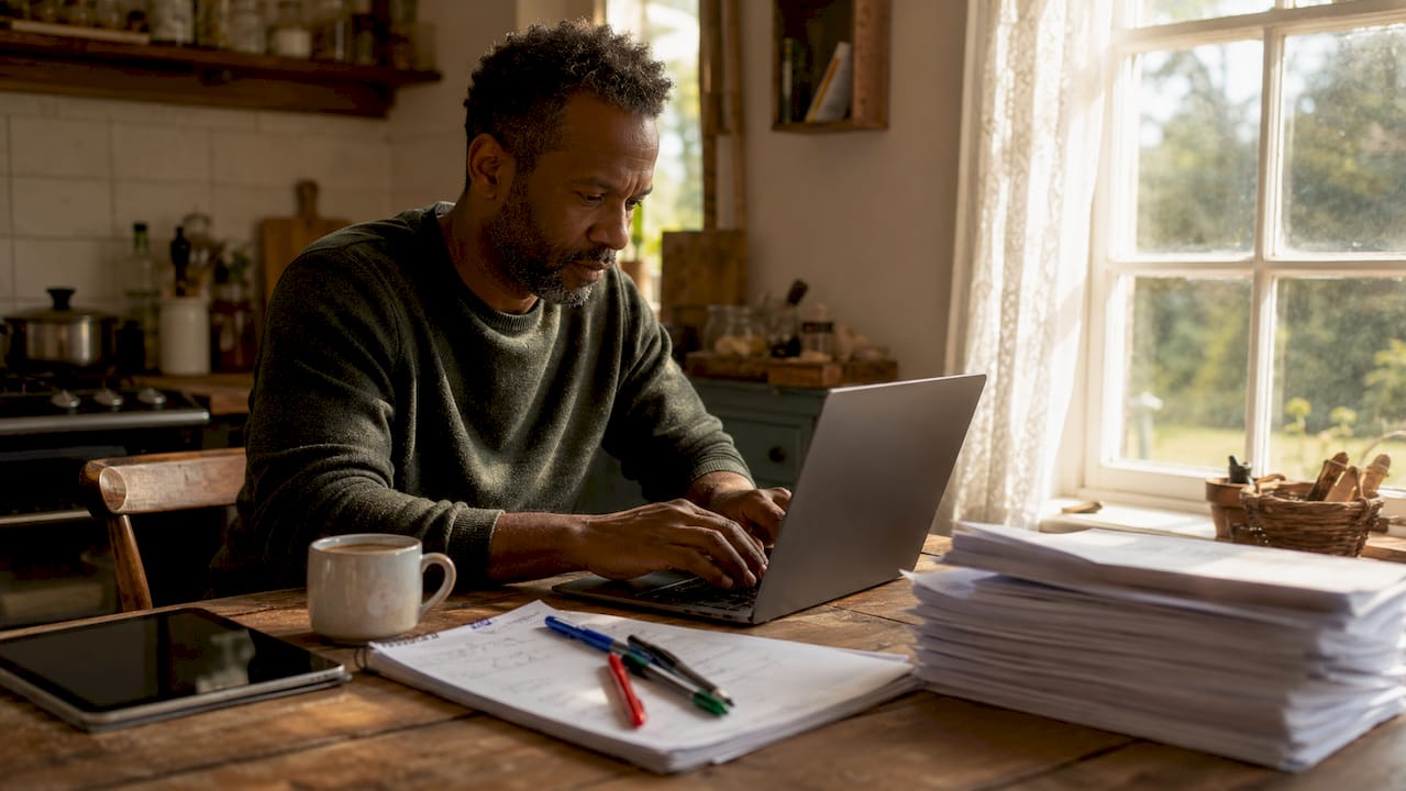 Sole trader sending invoice email at kitchen table