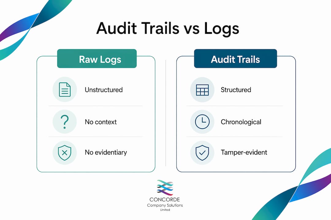 Infographic comparing audit trails and raw system logs