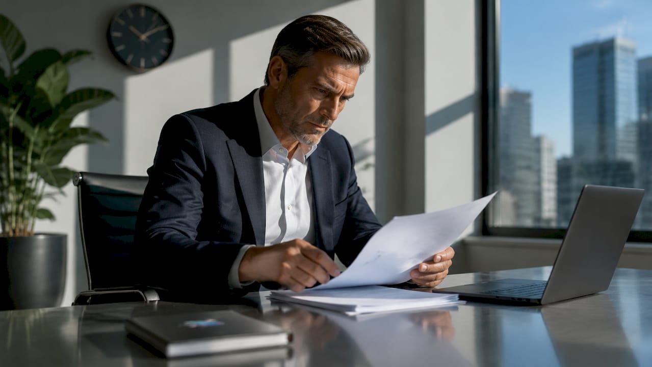 Business owner reviewing pricing documents at desk