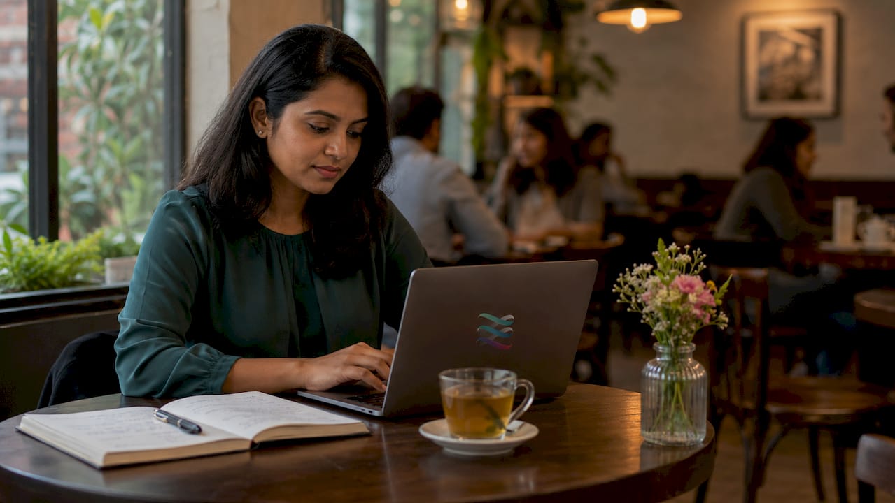 Woman using expense software at desk