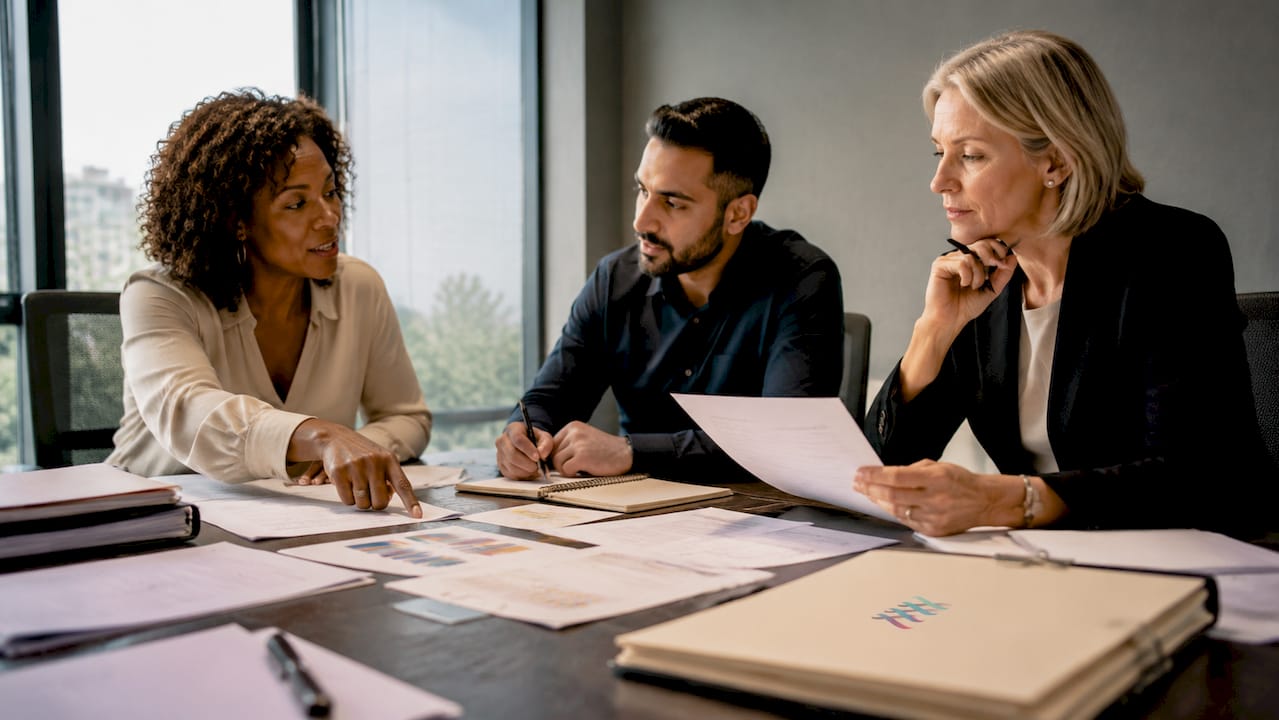 Three professionals discussing auto enrolment documents
