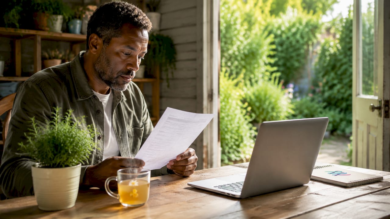 Man reading a printed P60 form at home office desk