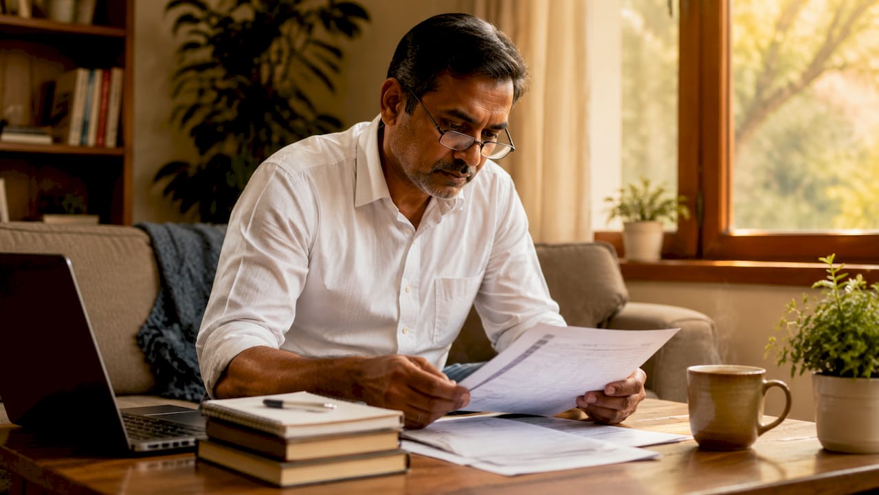 Man reviewing UK tax documents at home desk