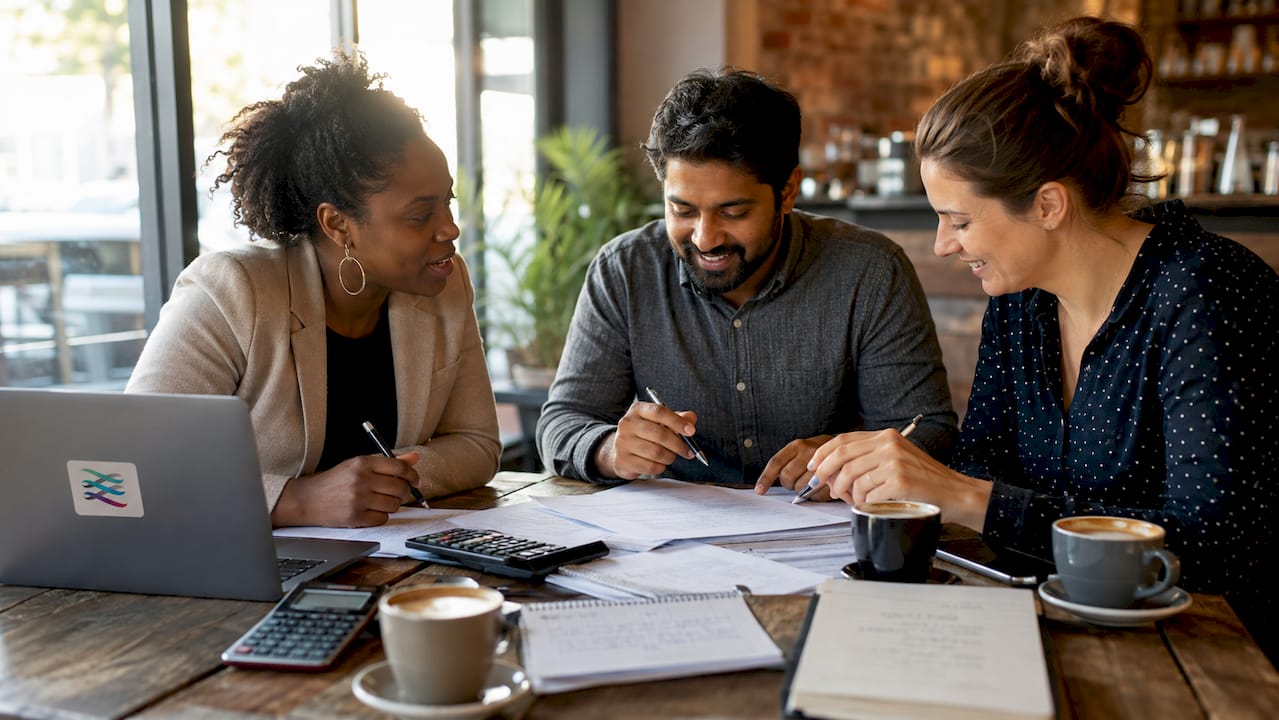 Business owners discussing tax documents