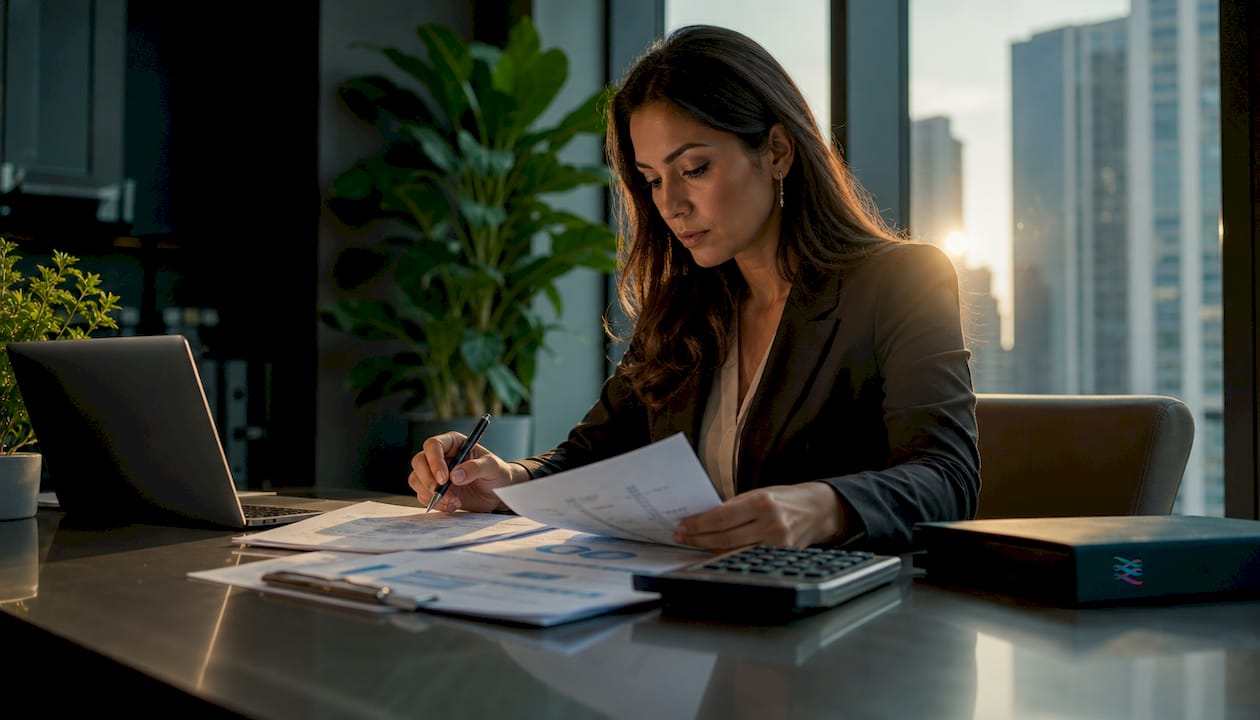 Accountant reviewing financial statements at desk