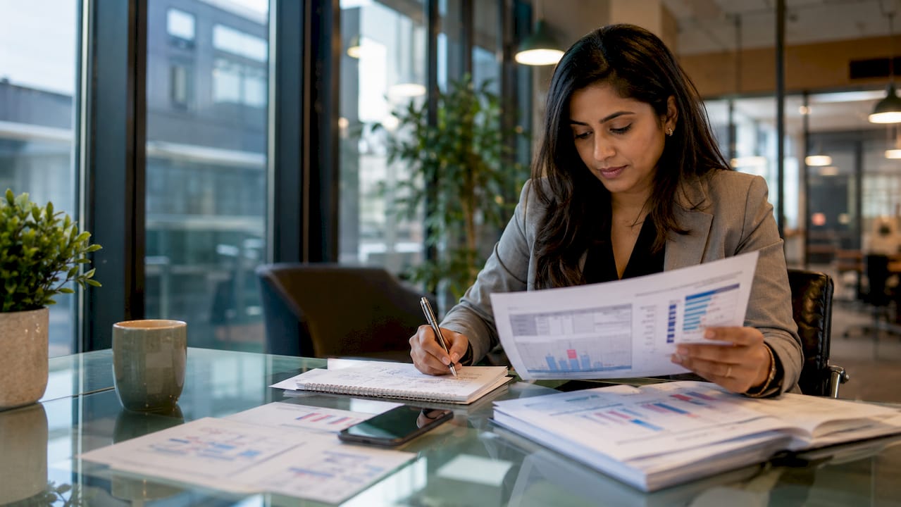Woman reviewing payroll provider options