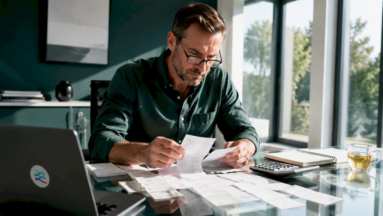 Man organizing tax documents at desk
