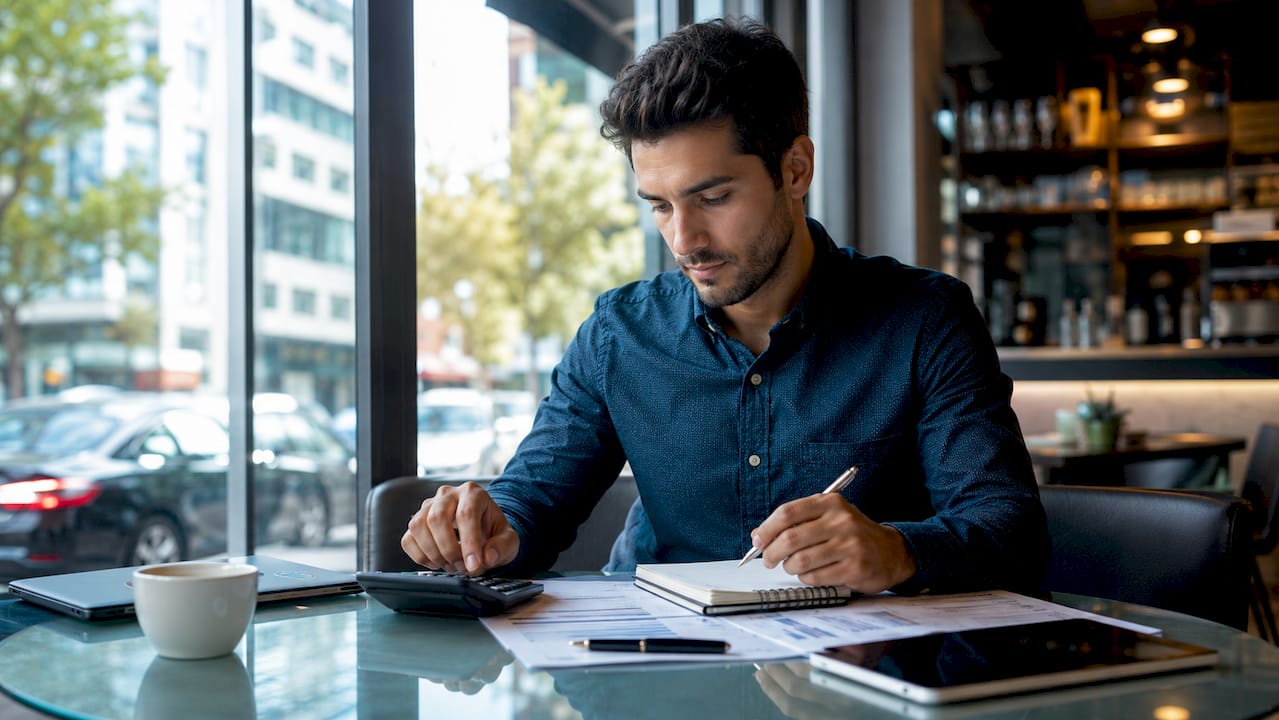 Small business owner reviewing finances at kitchen table