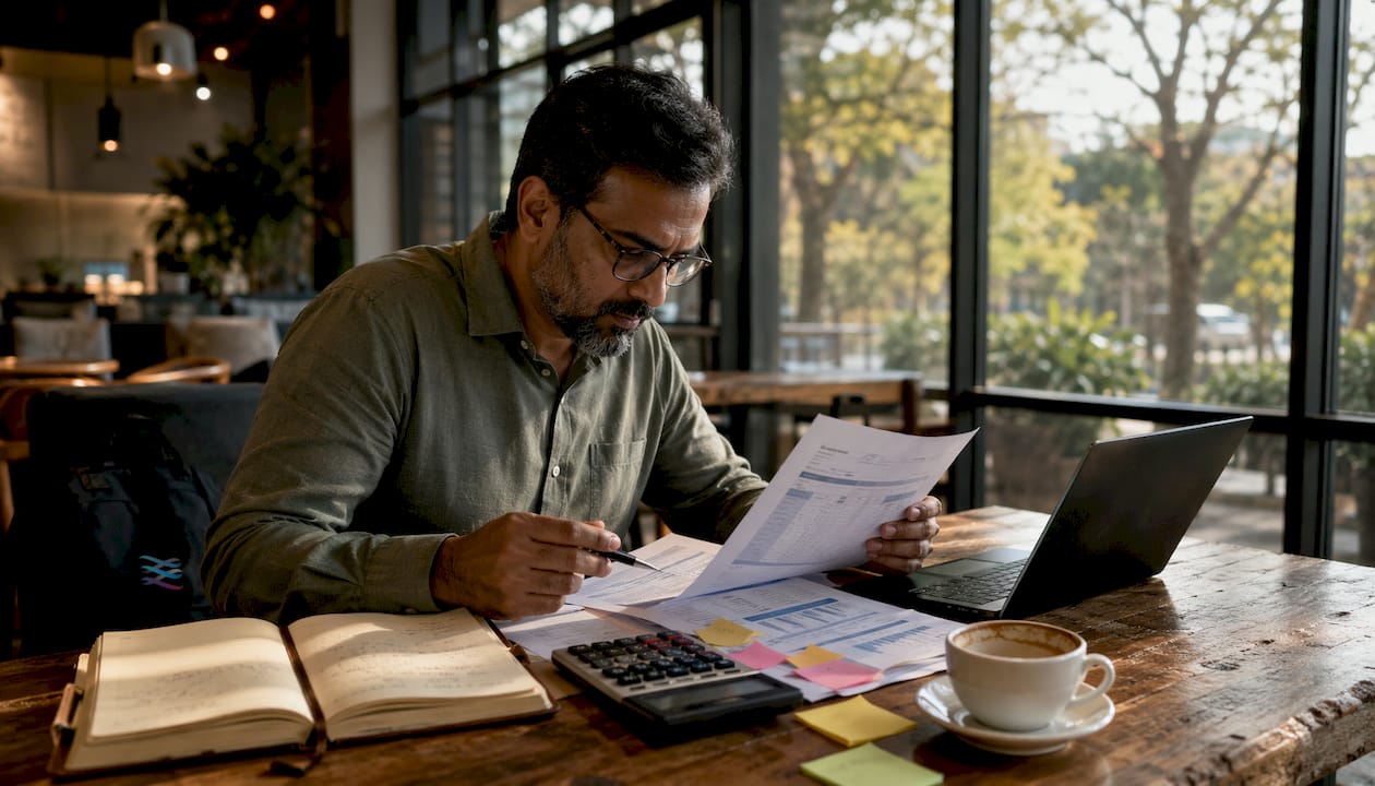 Director reviewing financial reports at desk