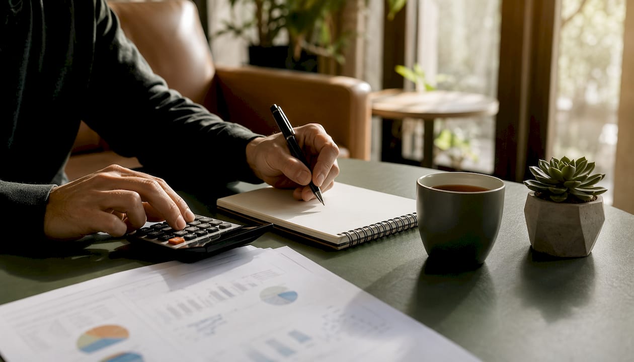 Hands calculating equity on UK balance sheet