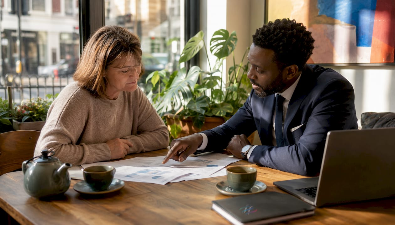 Financial adviser and client discussion in office