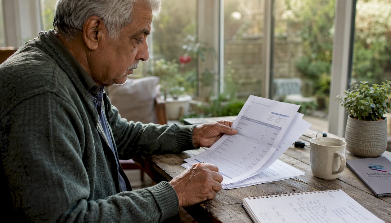 Hands reviewing pension documents at home
