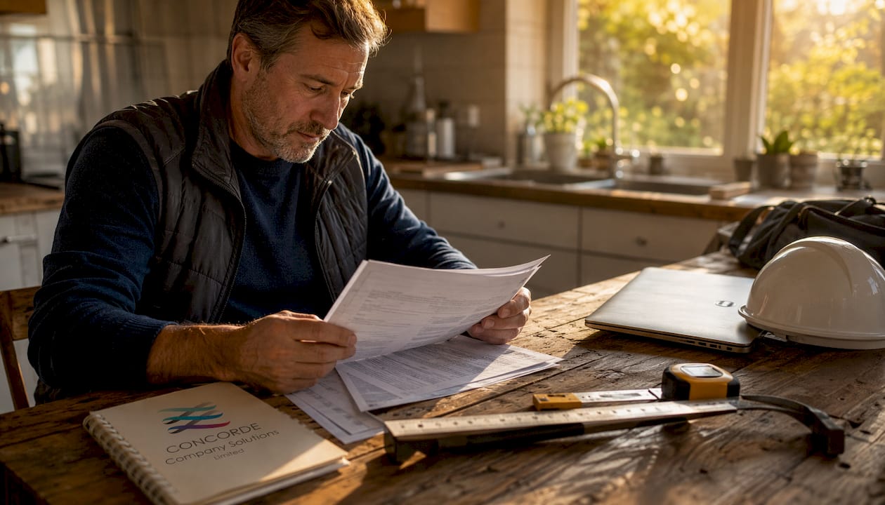 Subcontractor reviewing CIS paperwork at desk