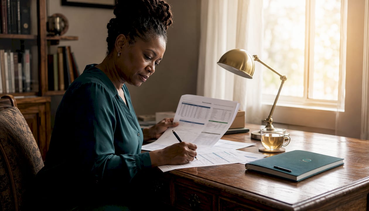 Woman reviewing ISA financial documents at home