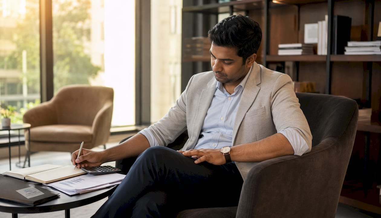 Man calculating salary and dividends paperwork at desk
