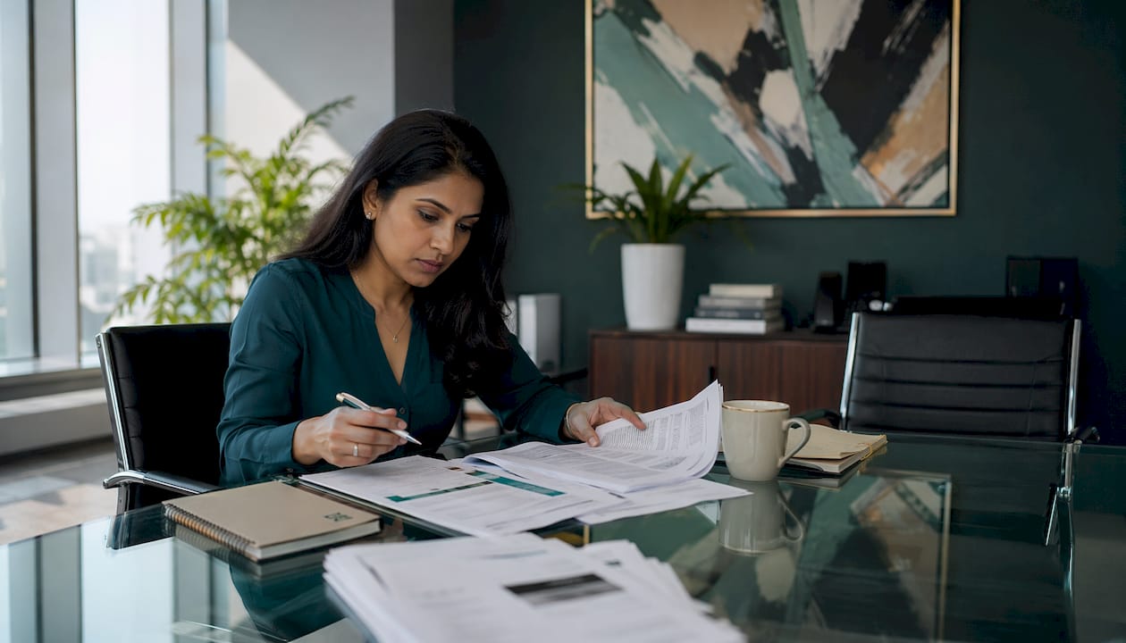 Woman reviewing compliance report at desk