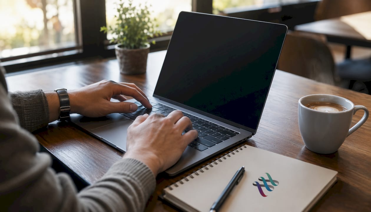 Hands entering CIS registration data on laptop