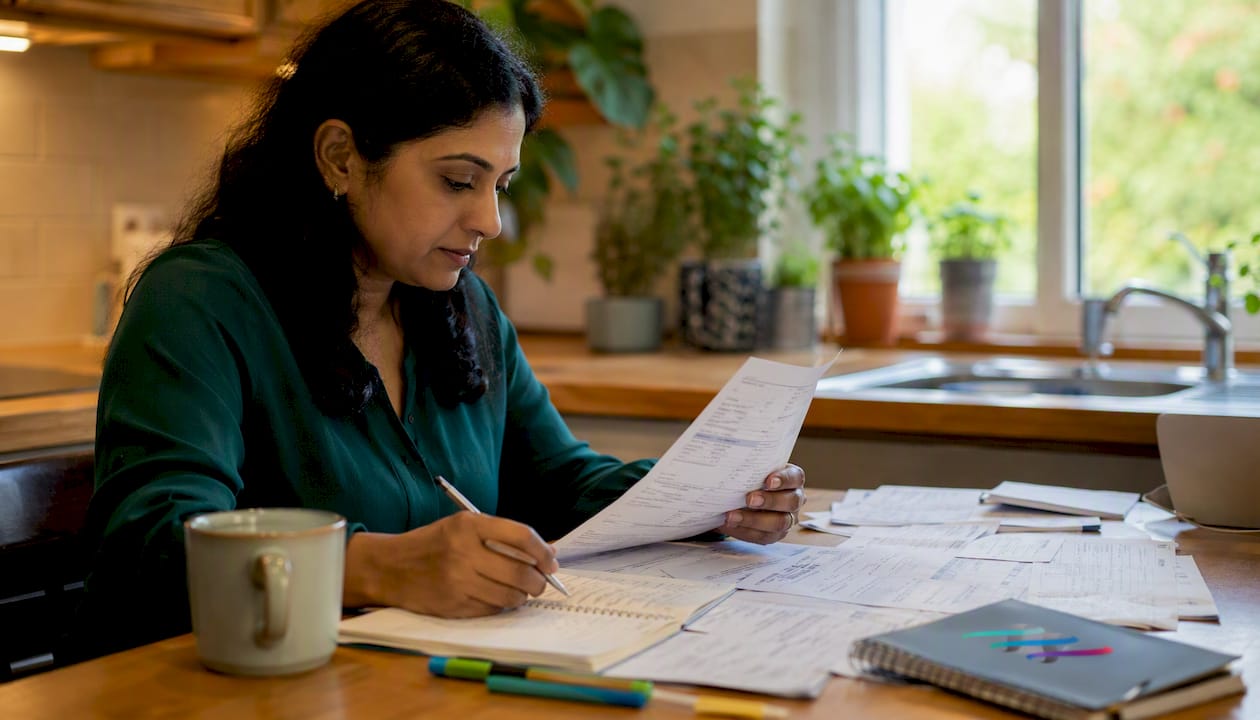 Woman reviewing invoices at home office desk