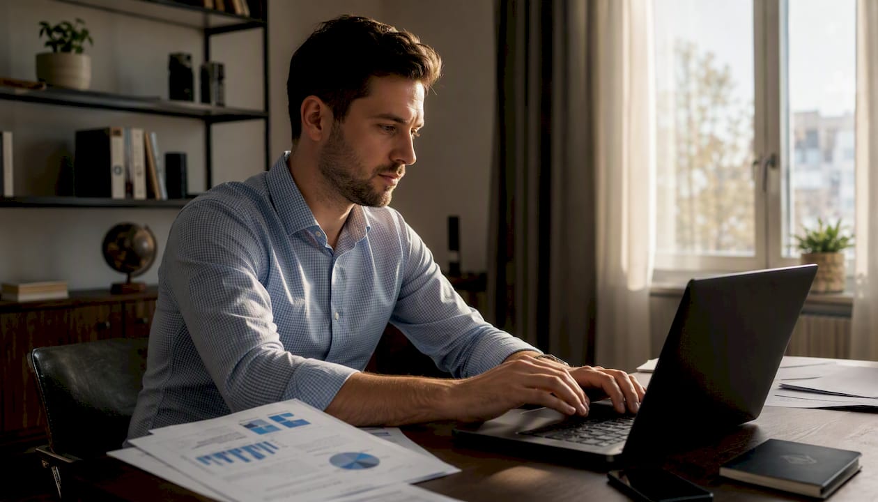 Accountant typing laptop in bright office