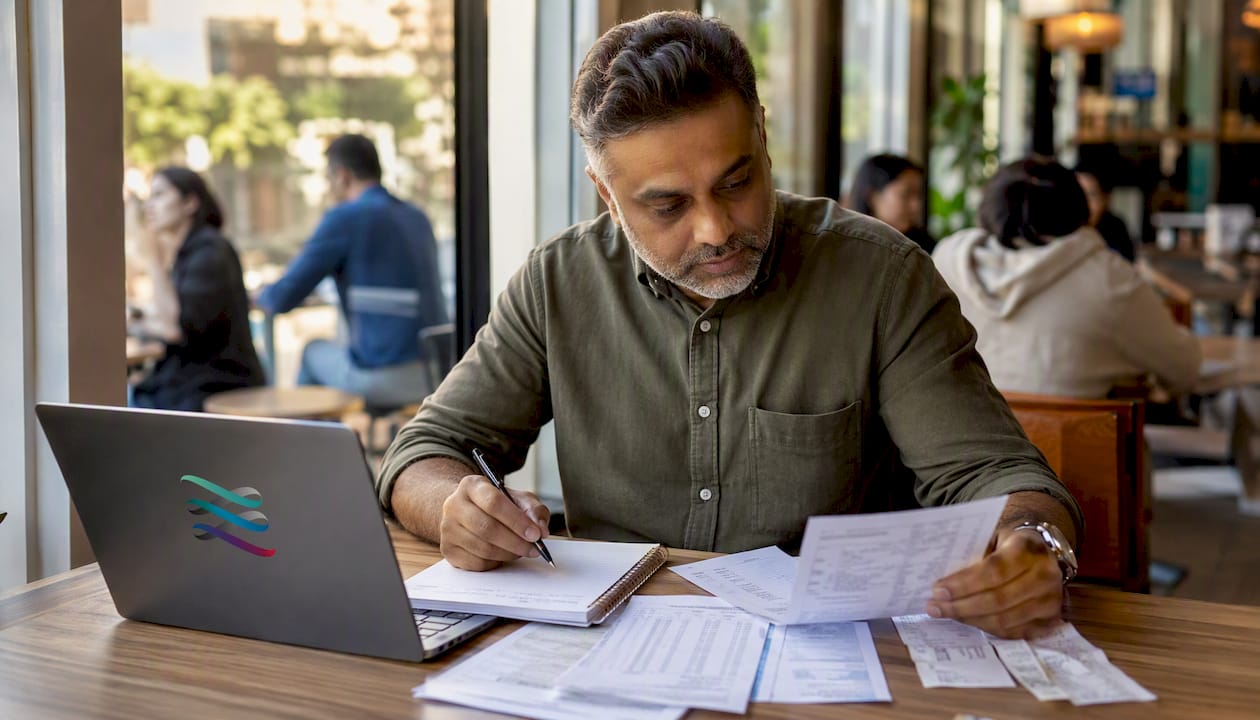 Man reviewing tax documents at home desk