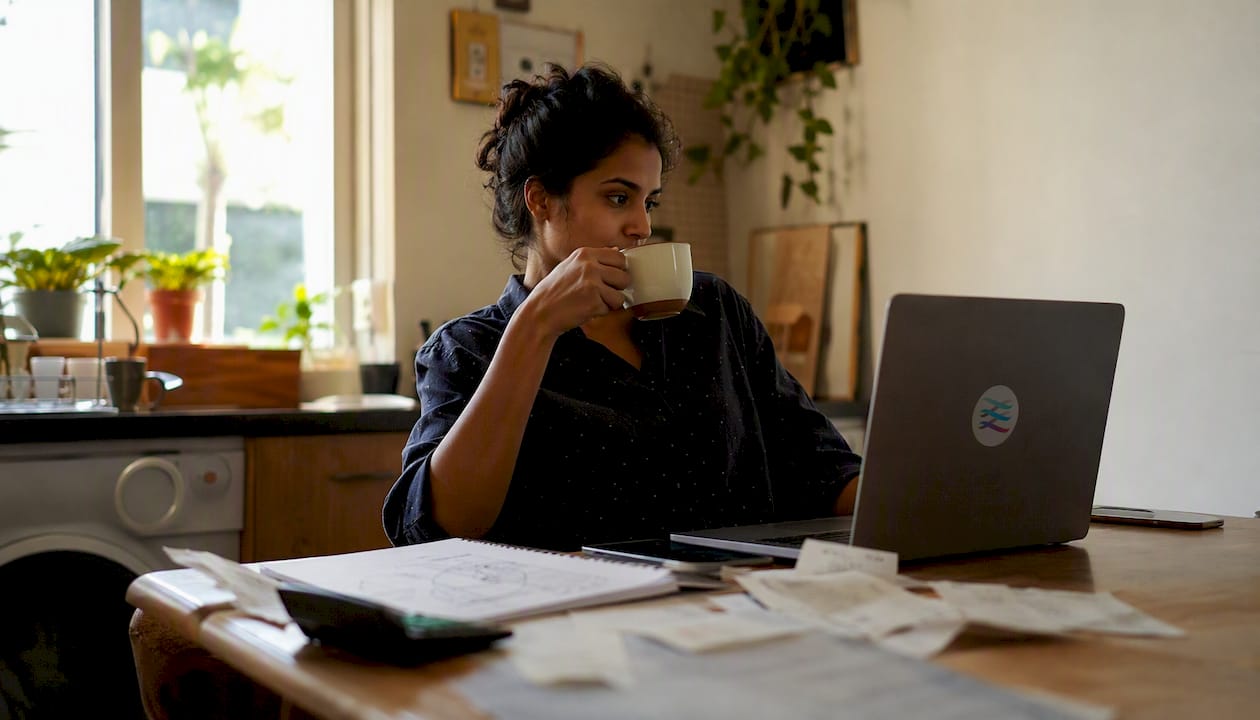 Freelancer using accounting app at home desk