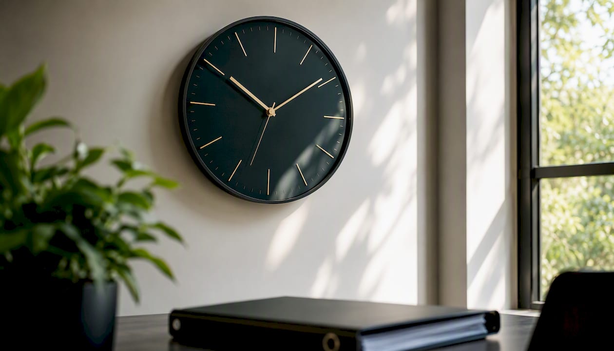Close-up of clock and tidy desk corner