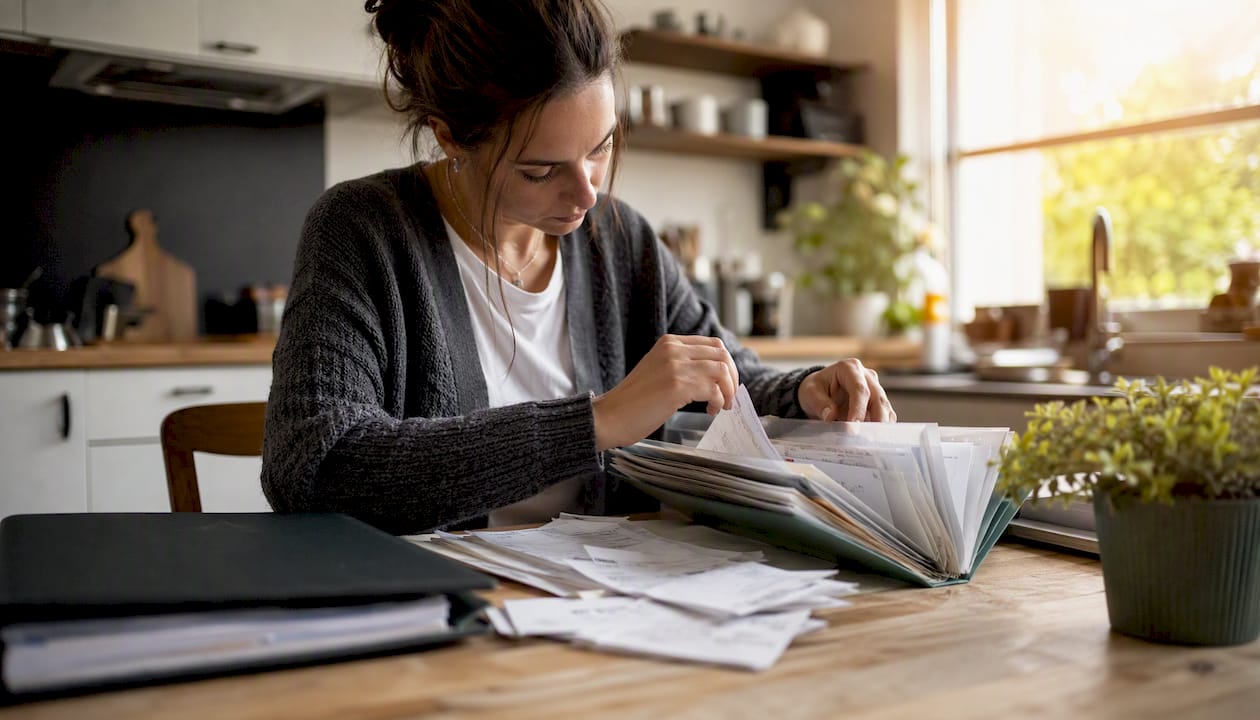 Hands sorting receipts and invoices in folder