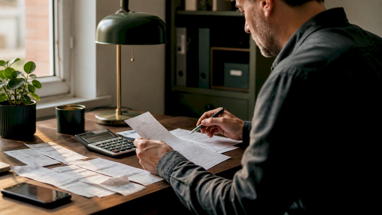 Calculator and mobile phone bills on desk